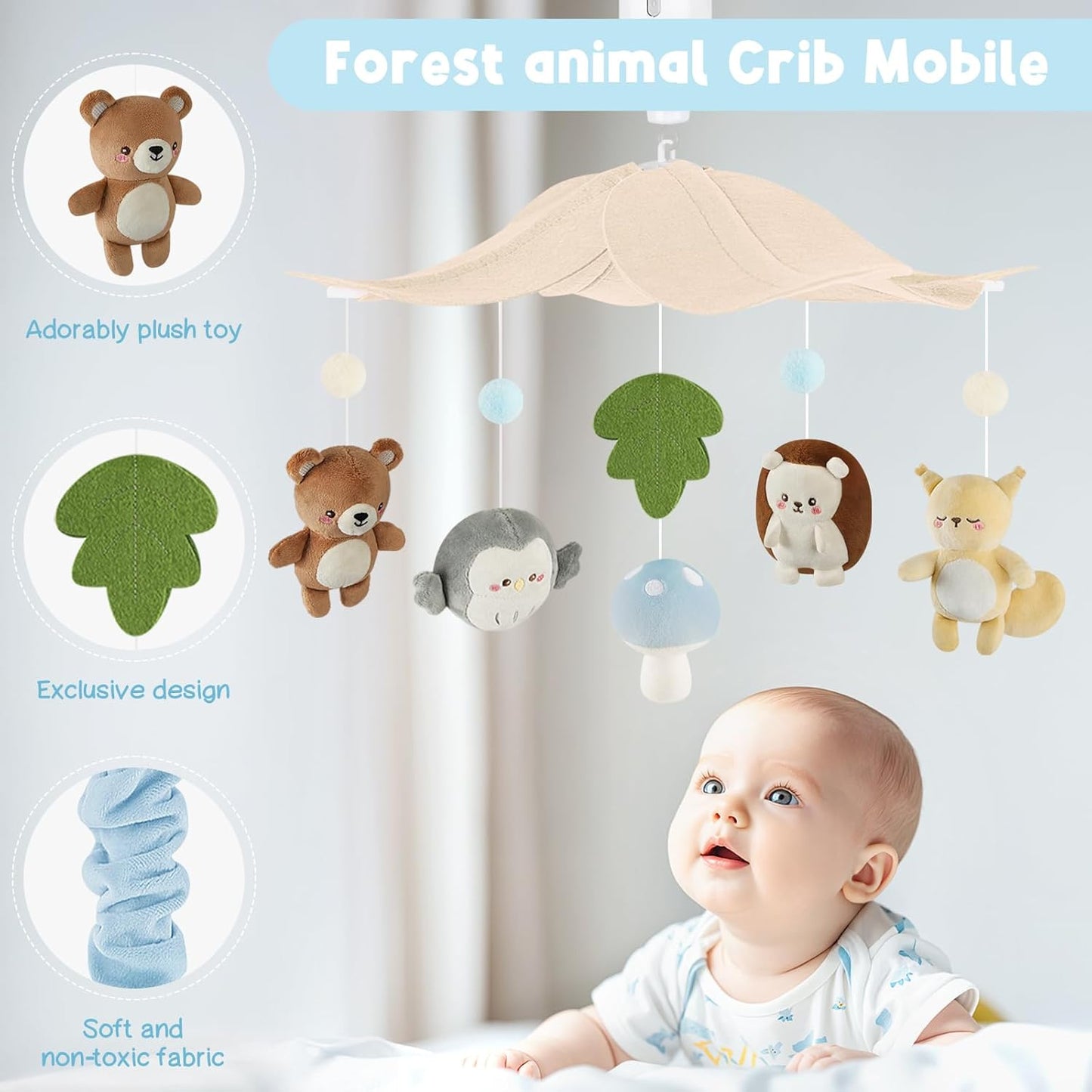 Woodland Crib Mobile – Forest Animals Baby Mobile for Crib with Upgraded 3-Mode Music Box, Blue