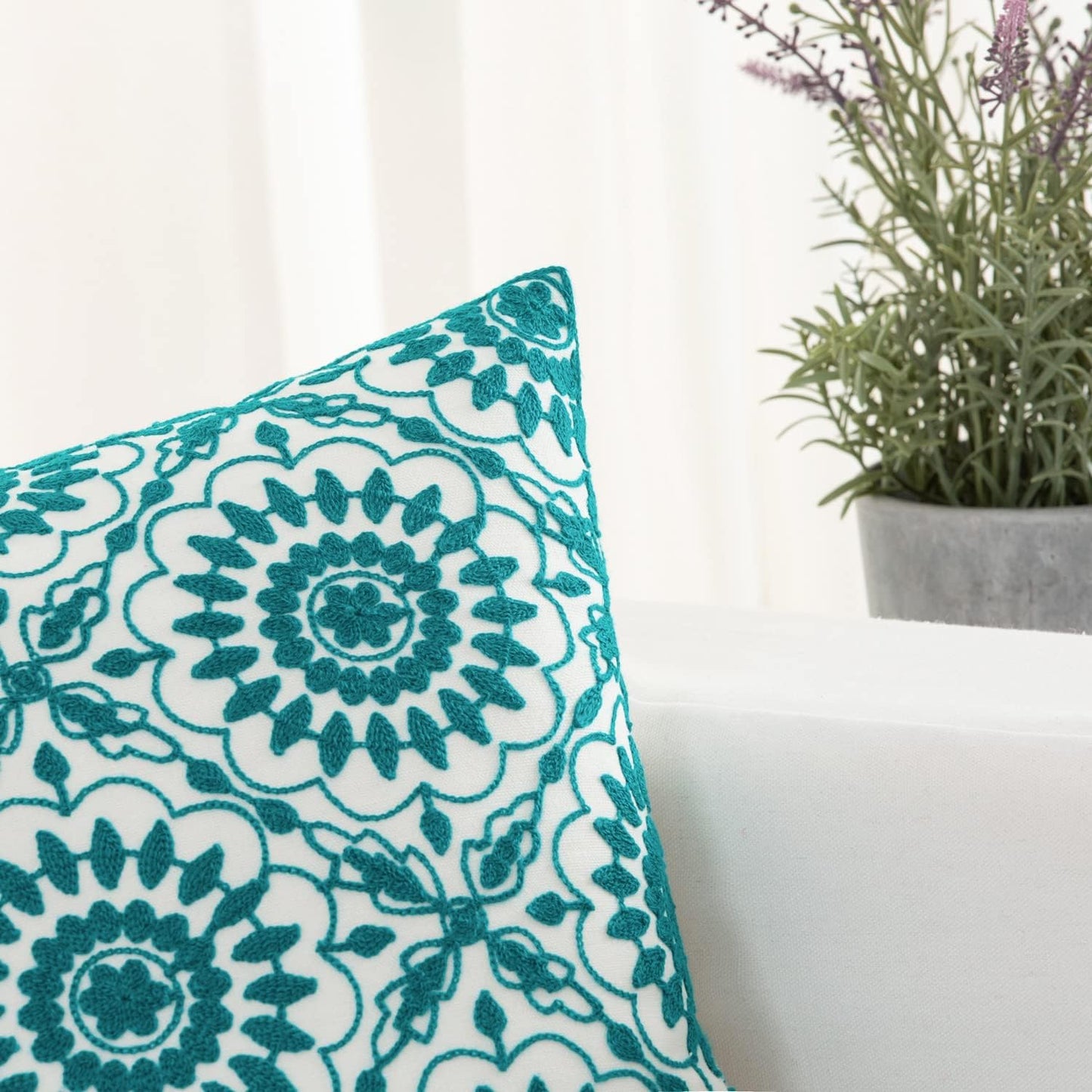 HWY 50 Teal Decorative Throw Pillow Covers 18x18 Inch (1 Piece), Embroidered Cotton Farmhouse