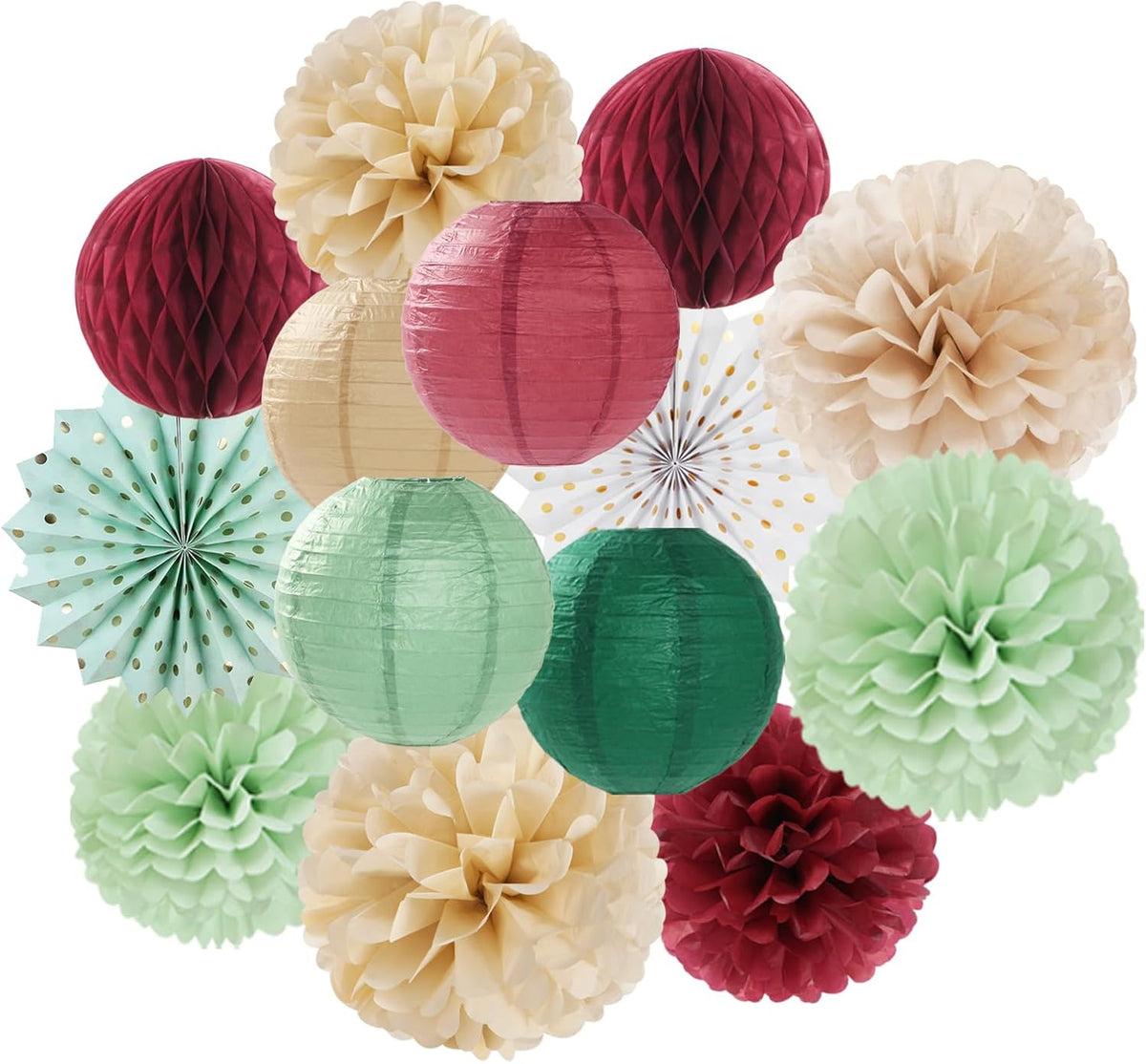 Sage-Olive Green Burgundy Champagne-Gold Party-Decorations - 14pcs Birthday Boho Paper Lanterns Fan