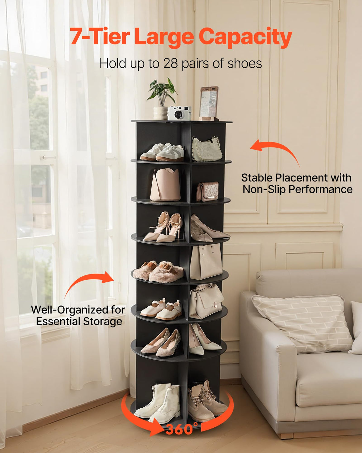VEVOR 7 Tiers Rotating Shoe Rack Tower, 360° Spinning Shoe Rack, Revolving Storage Round Carousel
