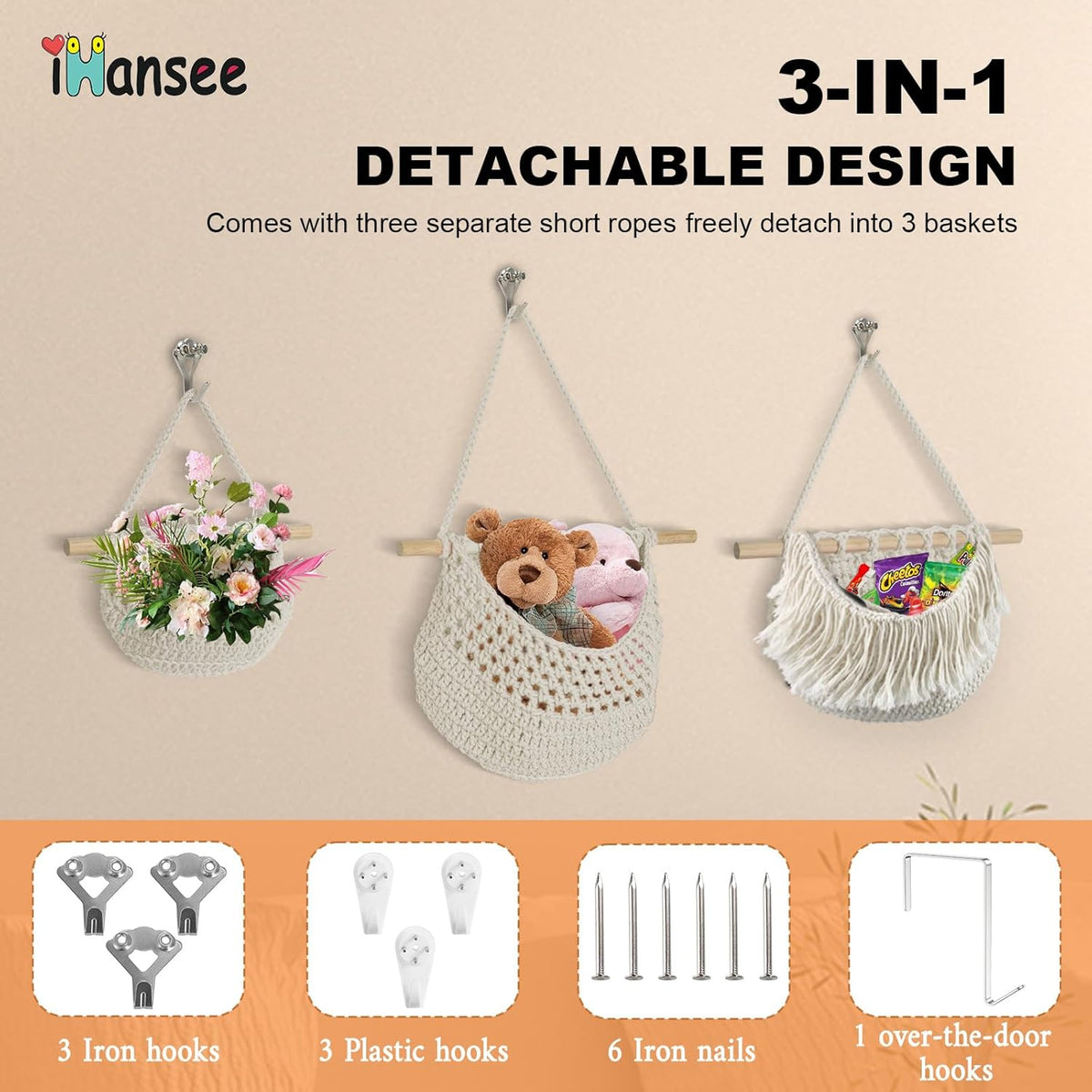 Hanging Baskets for Organizing, 3 Tier Detachable Wall Hanging Fruit Basket Over the Door Organizer