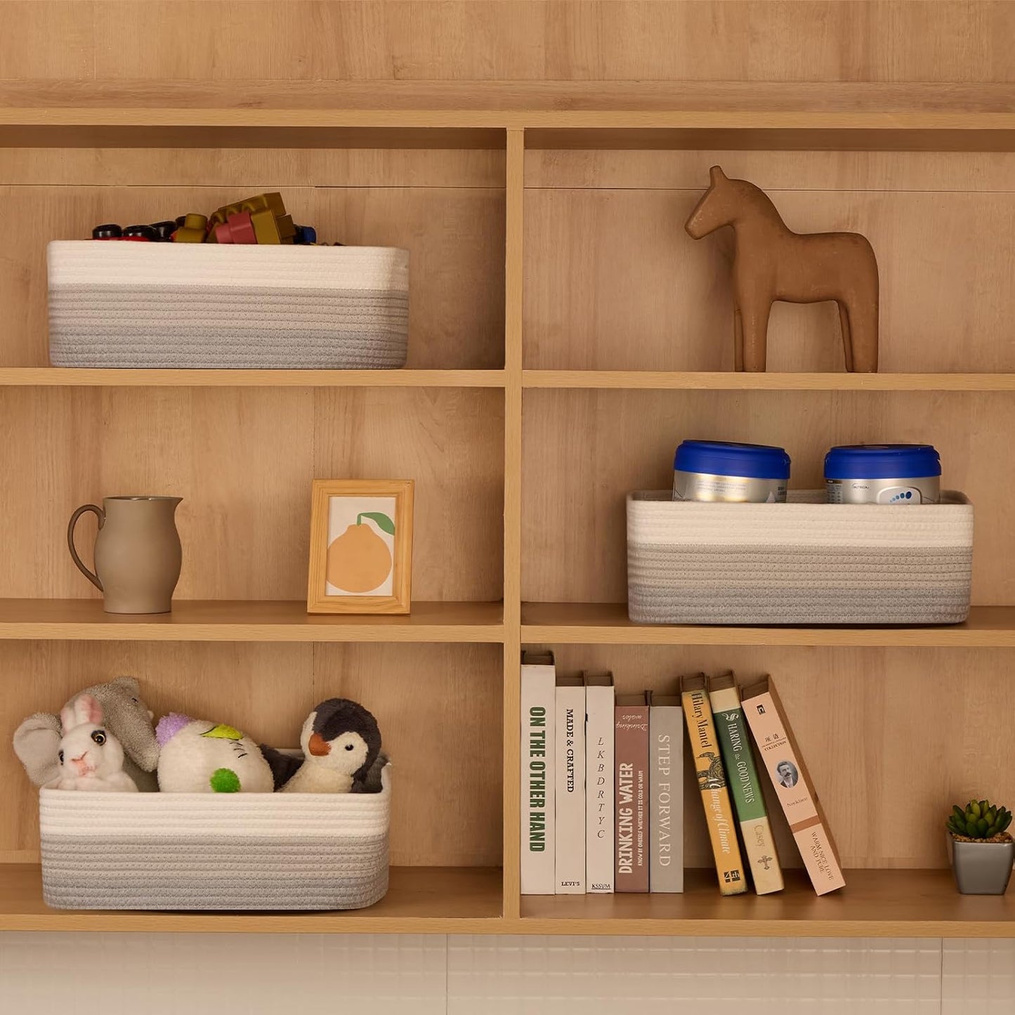 Large Shallow Organizing Baskets 15x11x5.1 Inches - Rope Woven Storage Bins for Bathroom, Shelves