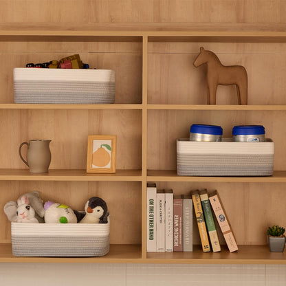 Large Shallow Organizing Baskets 15x11x5.1 Inches - Rope Woven Storage Bins for Bathroom, Shelves