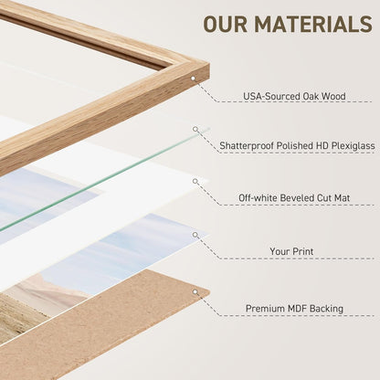 18x24 Poster Frame Set of 4 Natural Solid Oak Photo Frames with 16x20 Removable Mat Wall Hanging