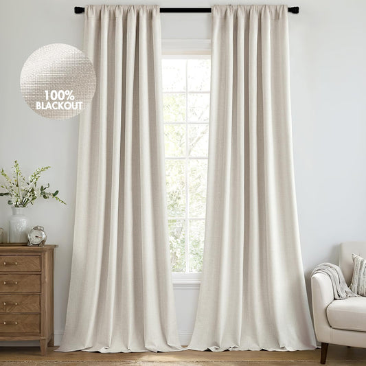 MIULEE 100% Blackout Curtains 102 Inch Long 2 Panels Set for Bedroom, Thick Luxury Faux Linen Black