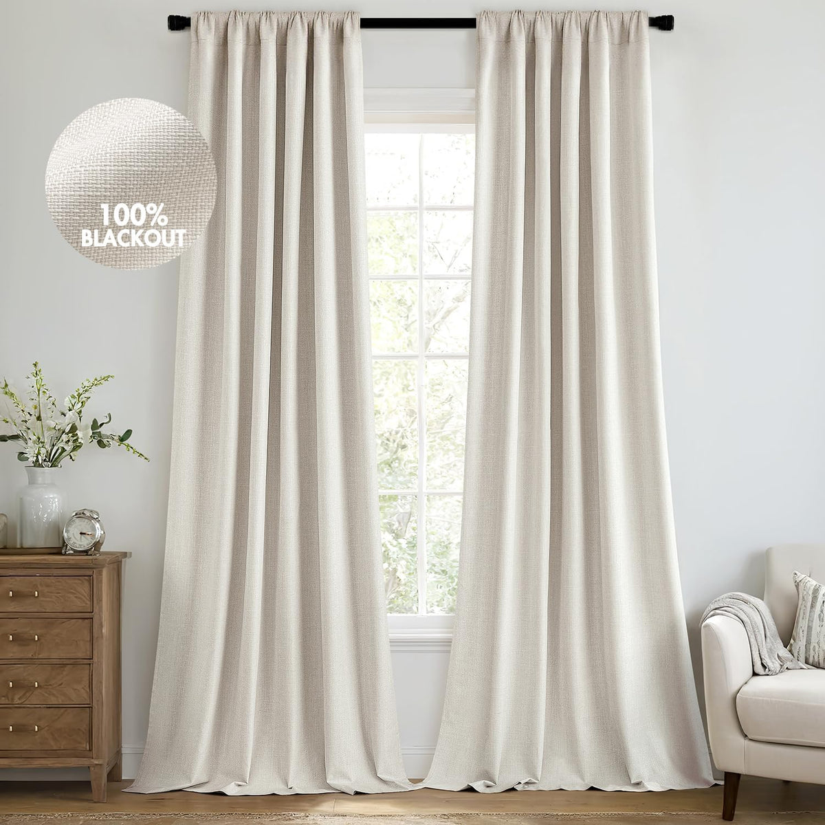 MIULEE 100% Blackout Curtains 84 Inch Long 2 Panels Set for Bedroom, Thick Luxury Faux Linen Black