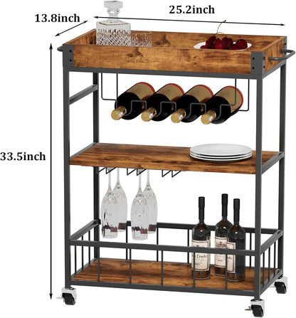 Bar Cart Serving Wine 3 Tier Home Rolling Rack with Wheels Mobile Kitchen Industrial Vintage Style