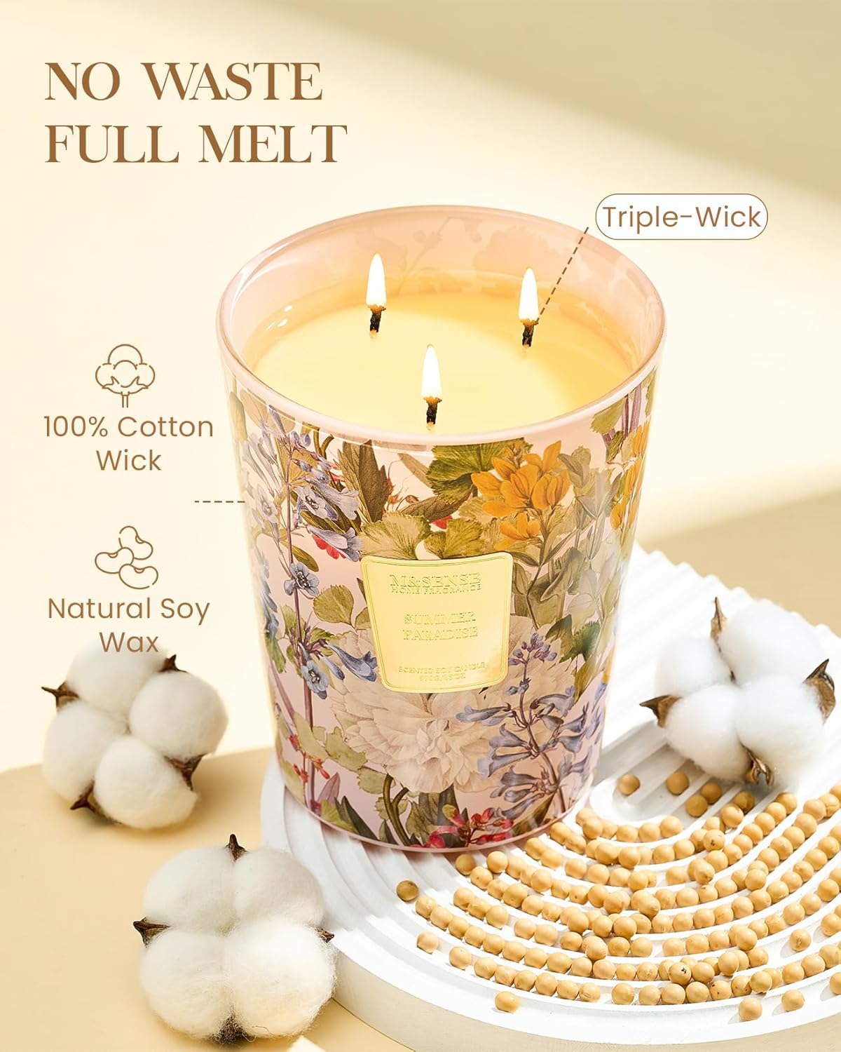 M&SENSE Citrus Water Flower Scented Candles, 35oz 150H Long Lasting, 3 Wick Soy Candles,Natural