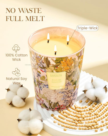 M&SENSE Citrus Water Flower Scented Candles, 35oz 150H Long Lasting, 3 Wick Soy Candles,Natural