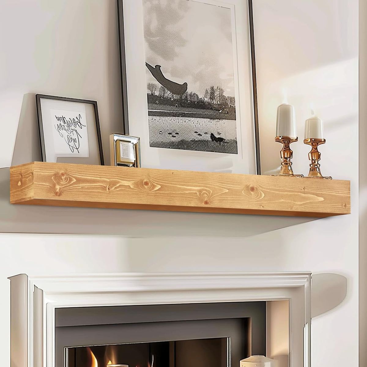 48x8x5 Fireplace Mantel - Handcrafted Rustic Solid Wood Wall Mounted Floating Shelf with Invisible