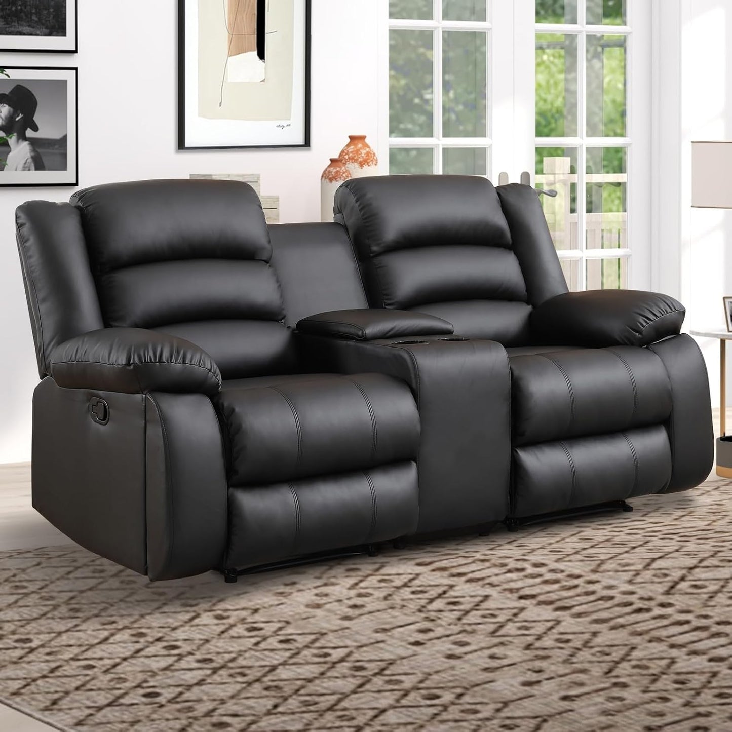 EBELLO Faux Leather Manual Loveseat Recliner, Reclining Sofa Chair with 2 Concealed Cup Holders
