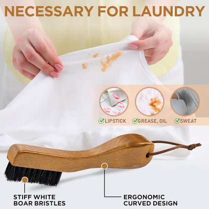 TAKAVU Stain Brush, Laundry Brush for Stain Removal, Natural Black Boar Bristle Cleaning Brush with