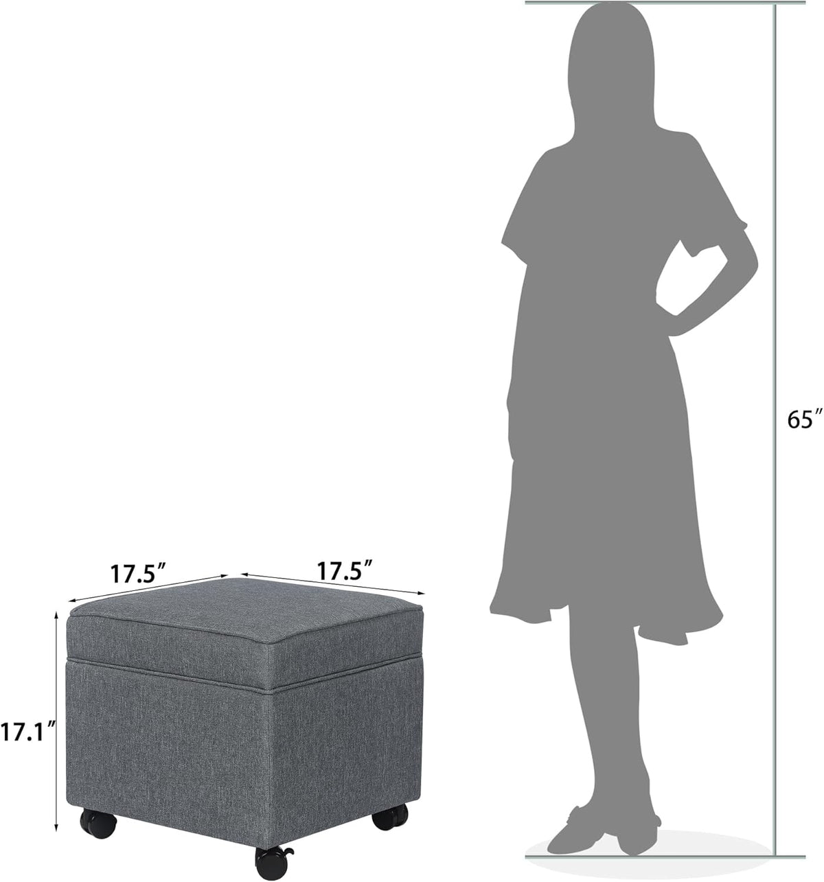 Adeco 17.5" Square Fabric Ottoman with Storage, Upholstered Cotton Linen Foot Rest, Flip Top
