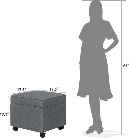 Adeco 17.5" Square Fabric Ottoman with Storage, Upholstered Cotton Linen Foot Rest, Flip Top