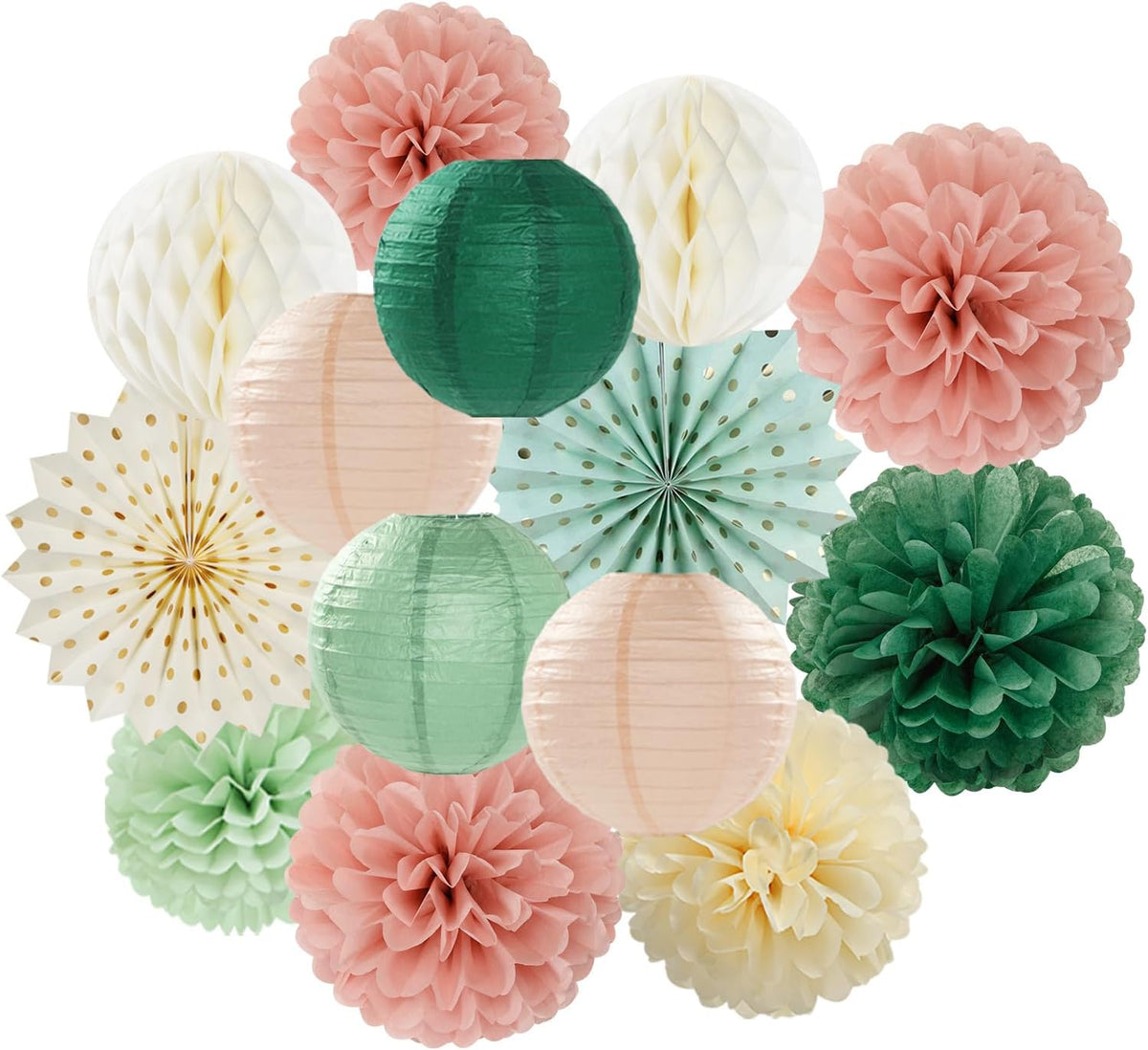 Sage-Green Pink-Beige Boho Party-Decorations Streamers - 14pcs Rustic Neutral Wedding Olive Paper