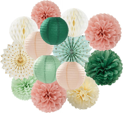 Sage-Green Pink-Beige Boho Party-Decorations Streamers - 14pcs Rustic Neutral Wedding Olive Paper