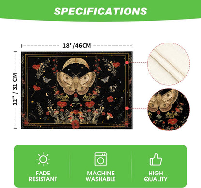 Artoid Mode Black Poppy Moth Moon Placemats Set of 4, 12x18 Inch Floral Spring Table Mats for