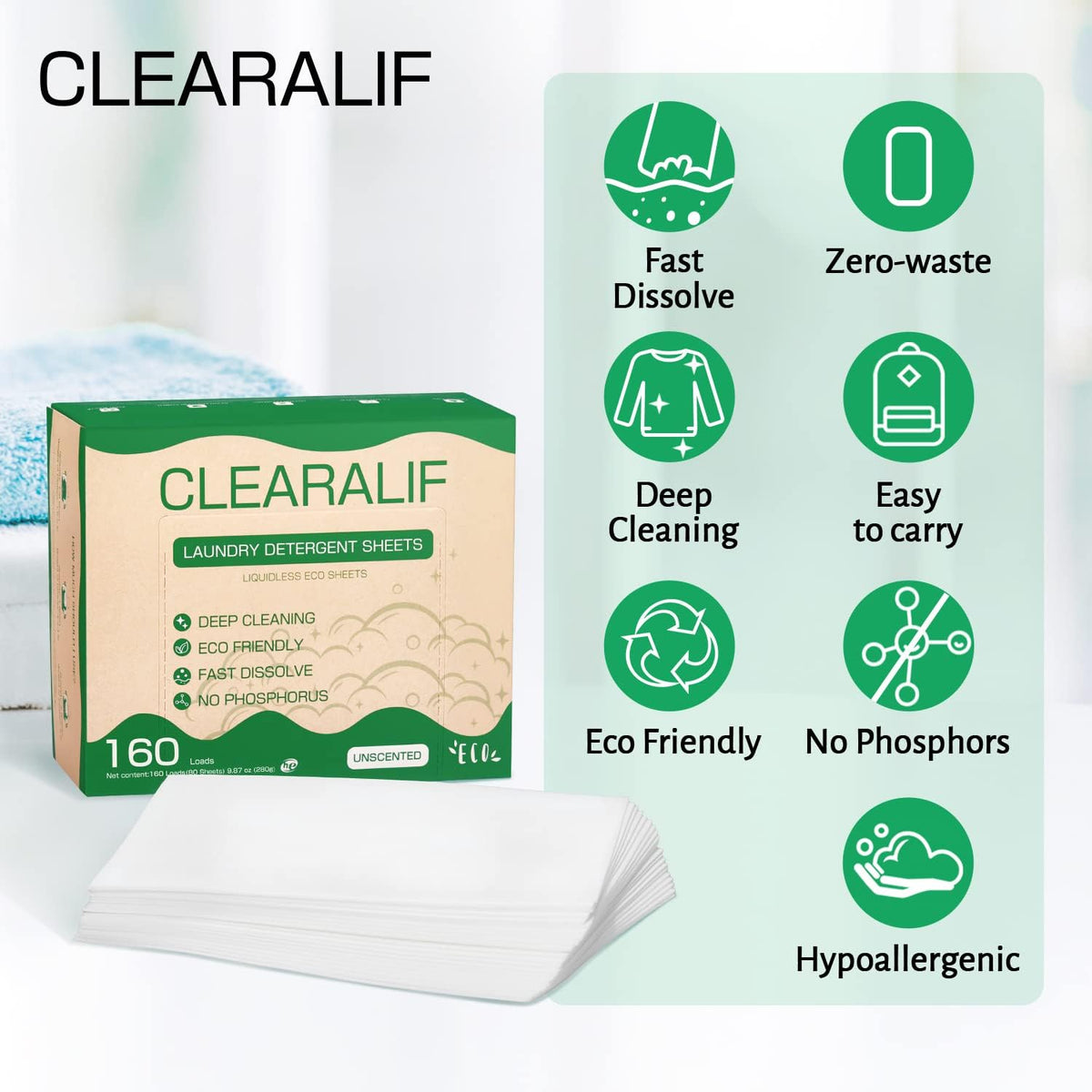 CLEARALIF Laundry Detergent Sheets up to 160 Loads (80sheets), Unscented, Laundry Detergent Strips