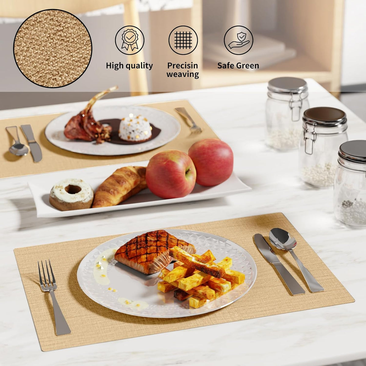 Cloth Placemats, Set of 6 Heat-Resistant Cotton Linen Blend Double Layered Machine Washable Place
