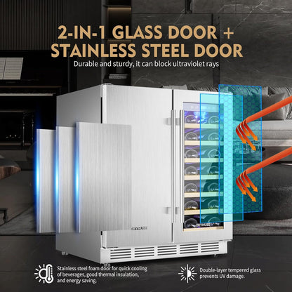 Wine and Beverage Refrigerator, 24 Inch Stainless Steels Beverage Fridge Dual Zone, Wine Beverage