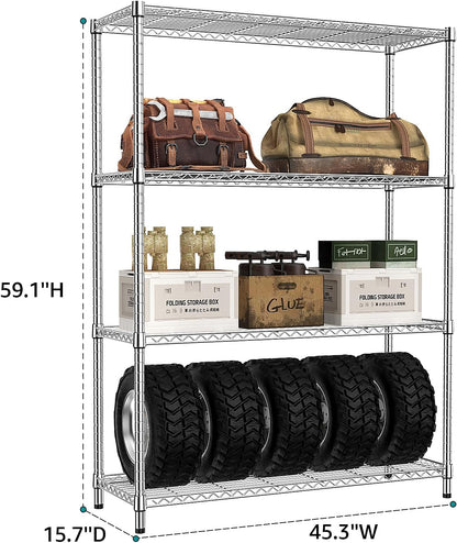 IZEUK 1400 LBS Garage Chrome Shelving Wide Storage Shelves 4 Tier Adjustable Heavy Duty Metal Wire
