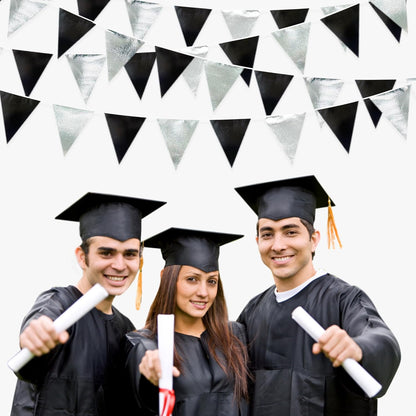 Black and Silver Party Decorations Triangle Pennant Banner Flag Metallic Fabric Bunting Garland for