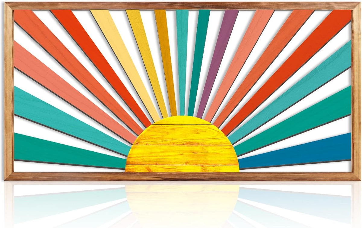 IARTTOP Large Boho Sun Wall Art Framed Wooden Art Wall Decor Sun Geometric Line Sunshine Wall Art