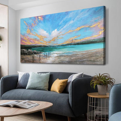 Arjun Ocean Teal Wall Art Canvas Coastal Beach Painting Blue Turquoise Landscape Sunset Picture
