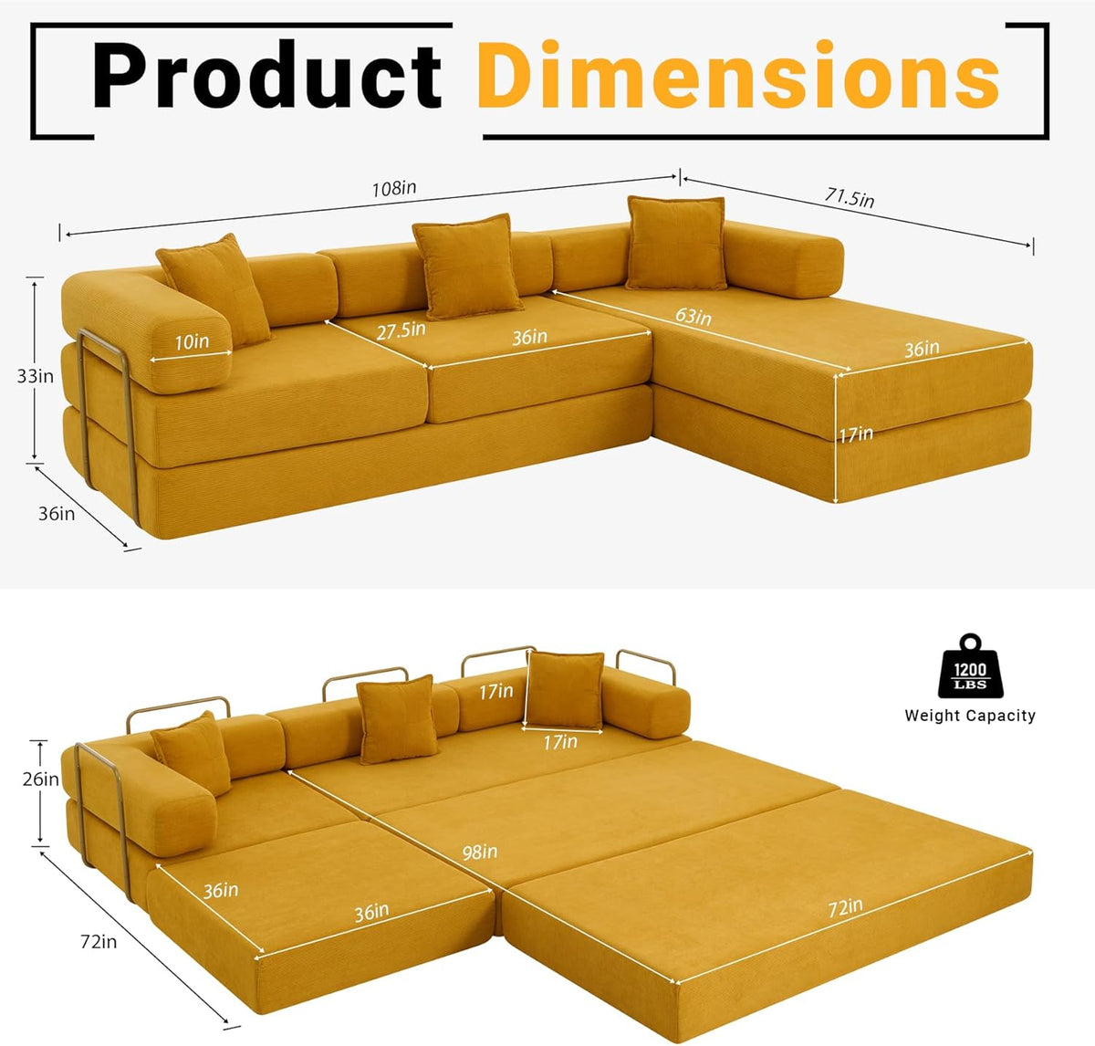 108" Oversized Convertible Sleeper Sofa Bed, Corduroy L Shape Sectional Couch, Folding Sofa Bed