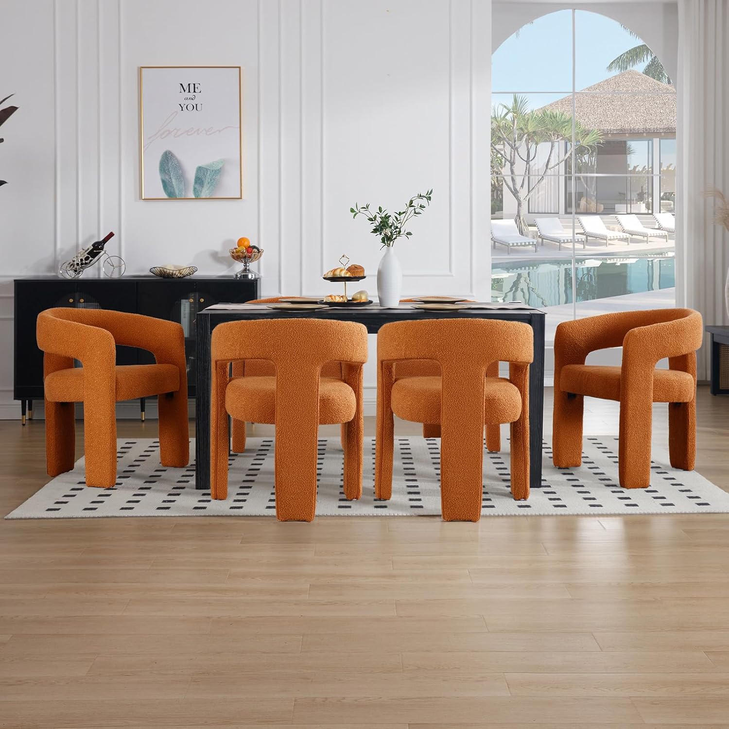 Orange Sherpa Dining Chairs Set of 2, Modern Barrel Dining Room Chairs Upholstered Faux Fur Accent