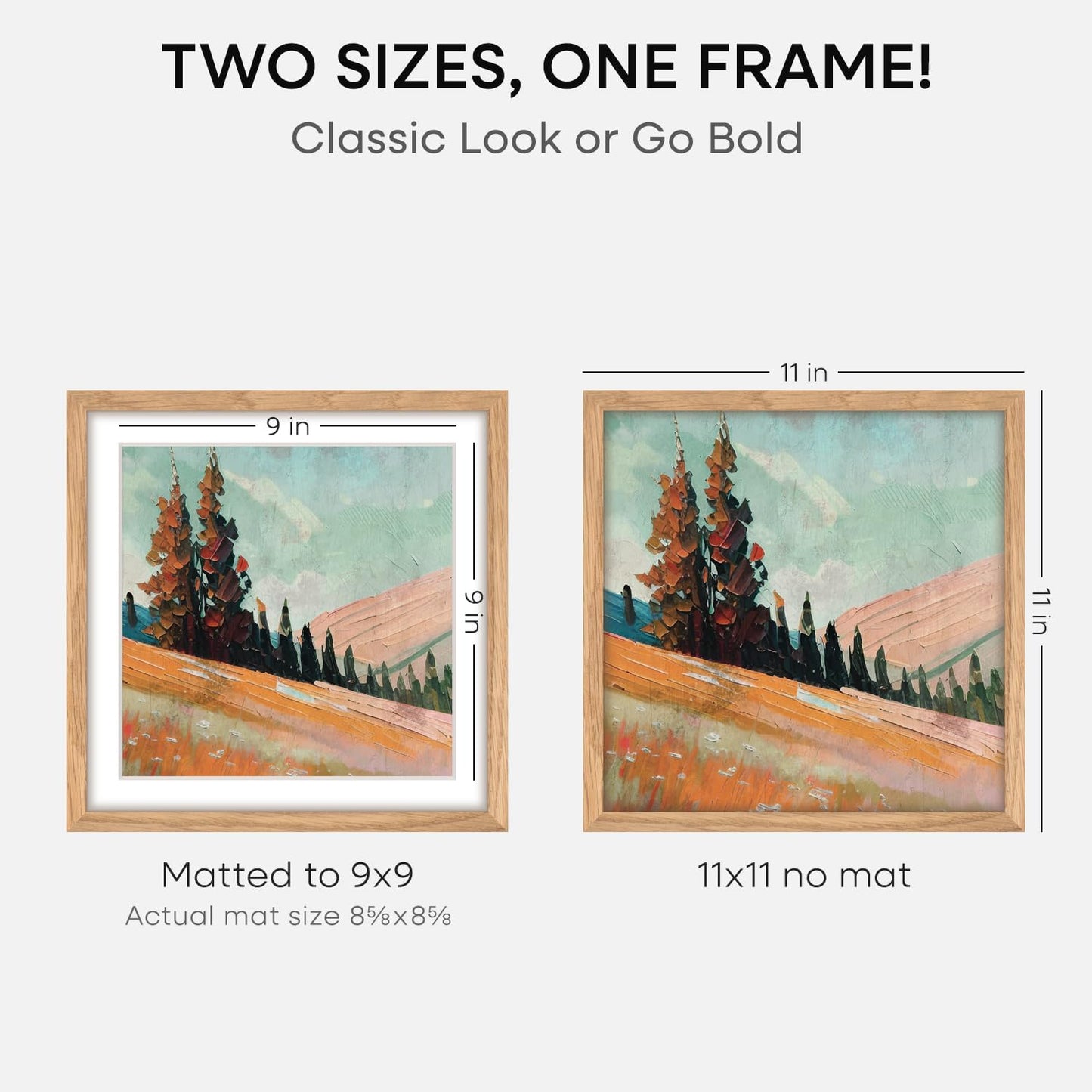 Homeforia 11x11 Picture Frame Wood, High-End Natural Oak 11 x 11 Thin Square Poster Frames with Mat