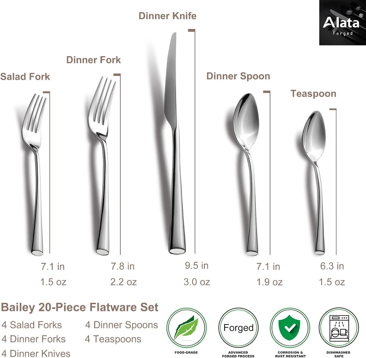 Alata Bailey 20-Piece Forged Silverware Set Stainless Steel Flatware Set,Service for 4,Mirror