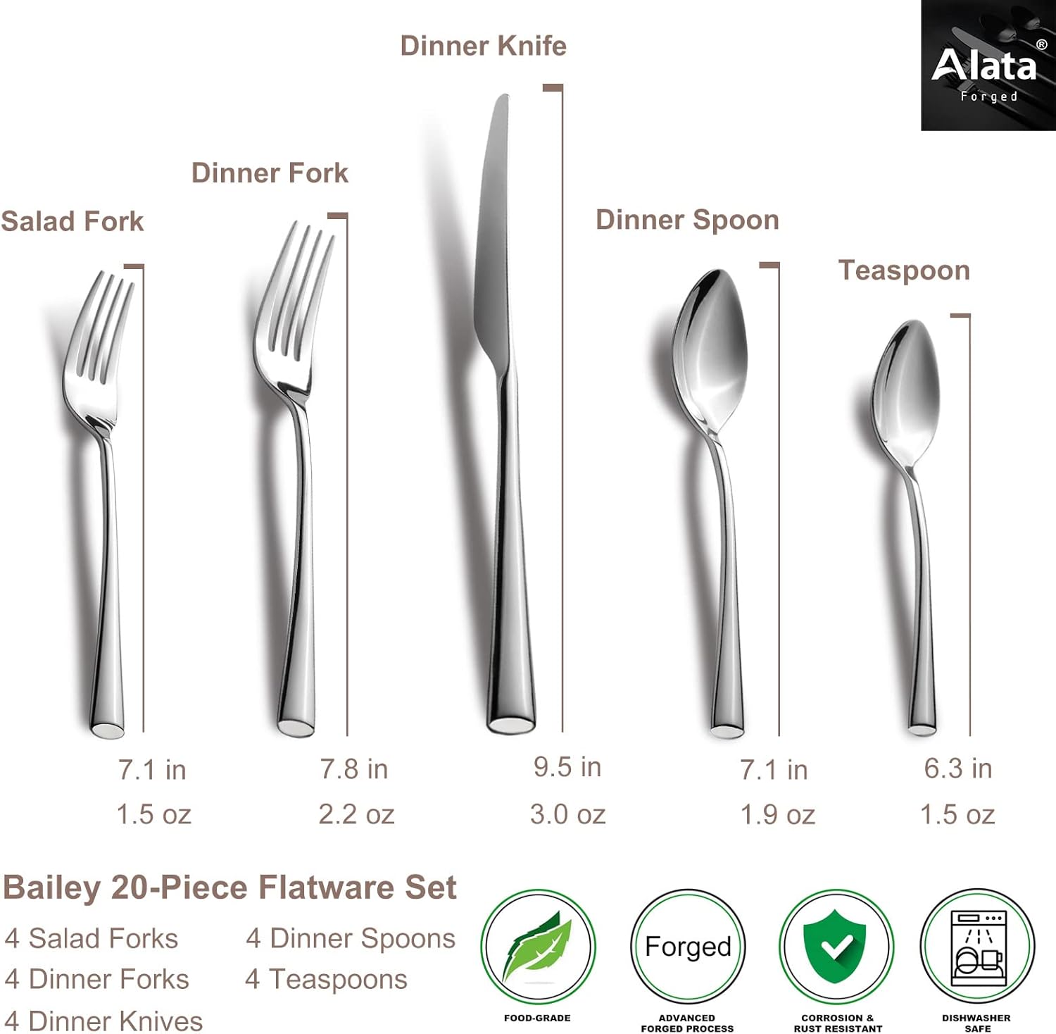 Alata Bailey 20-Piece Forged Silverware Set Stainless Steel Flatware Set,Service for 4,Mirror
