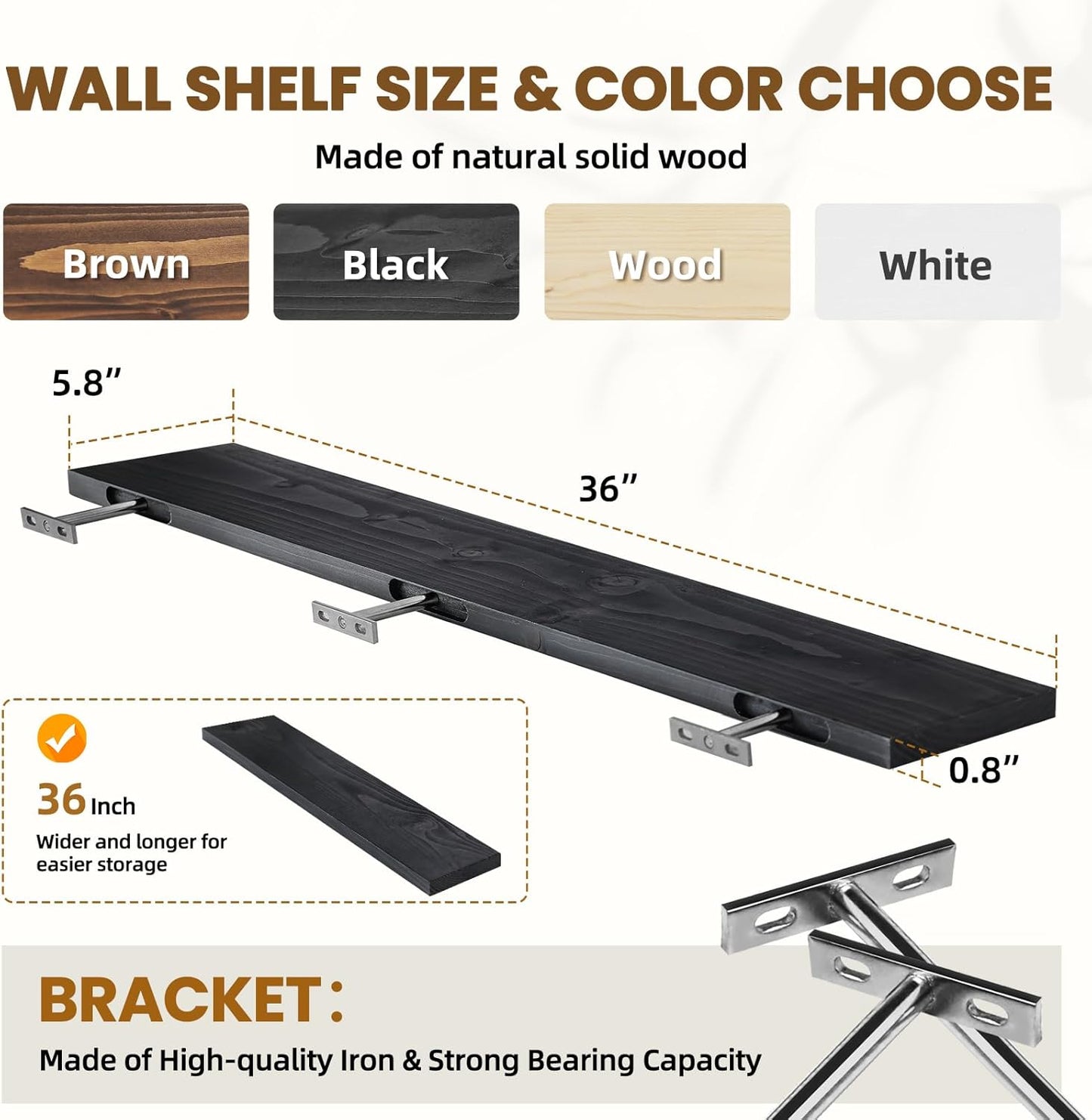 Floating Wall Shelves 2-Pack - 36-Inch Rustic Black Wooden Shelves for Storage and Décor, Easy