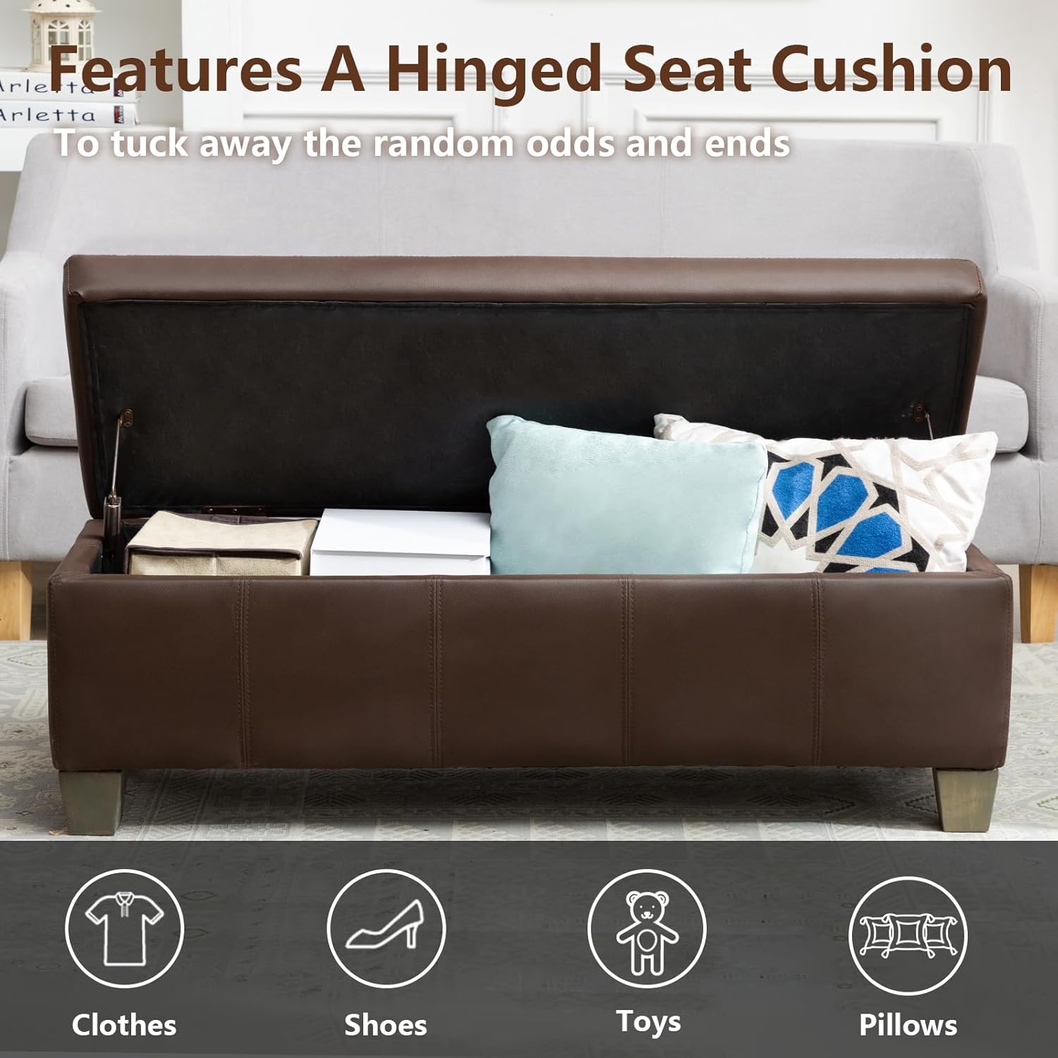 51 Inch Brown Faux Leather Ottoman with Storage, Rectangular Extra Long Bench, End of Bed Bench