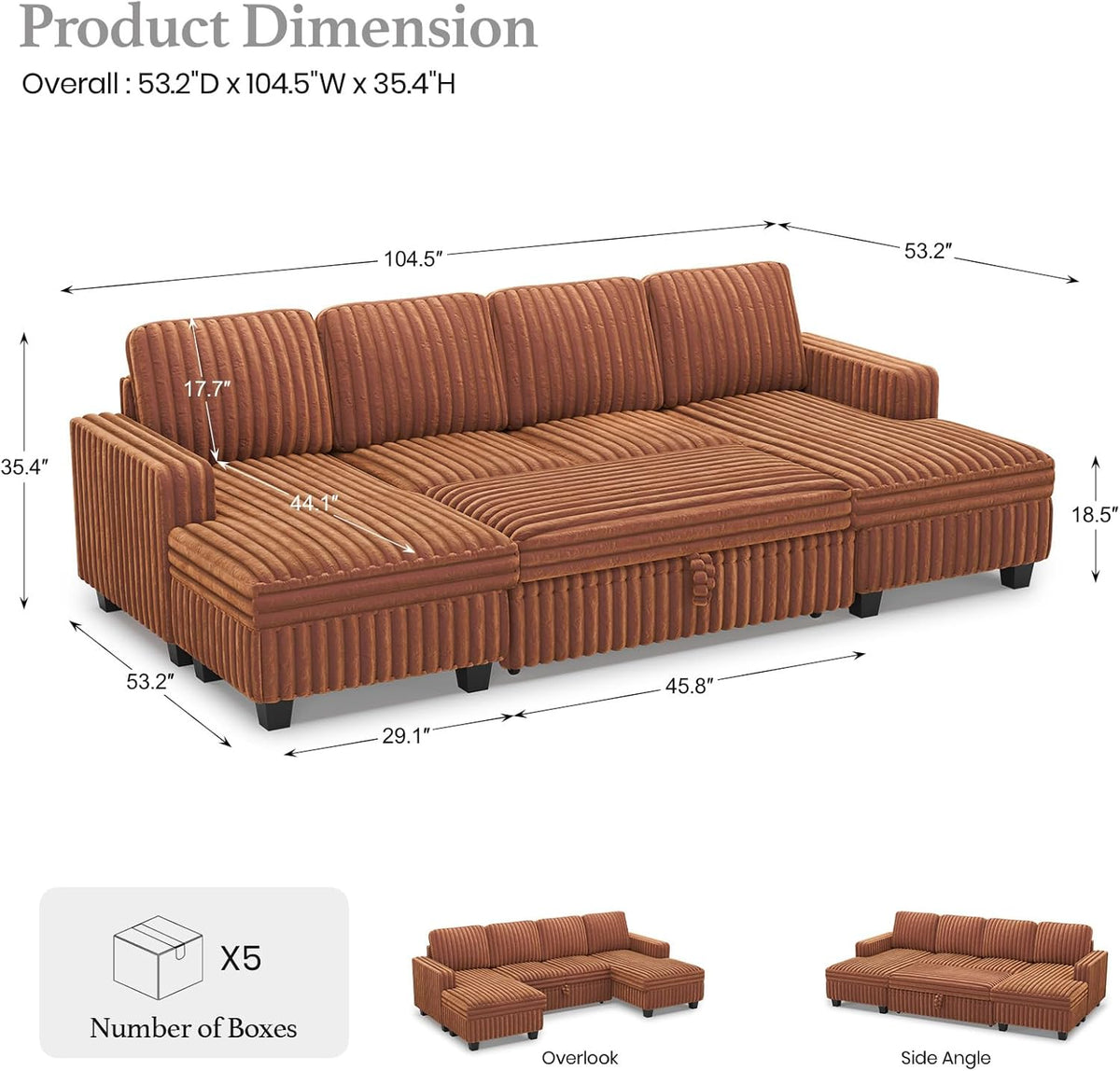 Belffin Modular Sectional Sleeper Sofa with Pull Out Couch Bed Corduroy Double Chaise with Storage