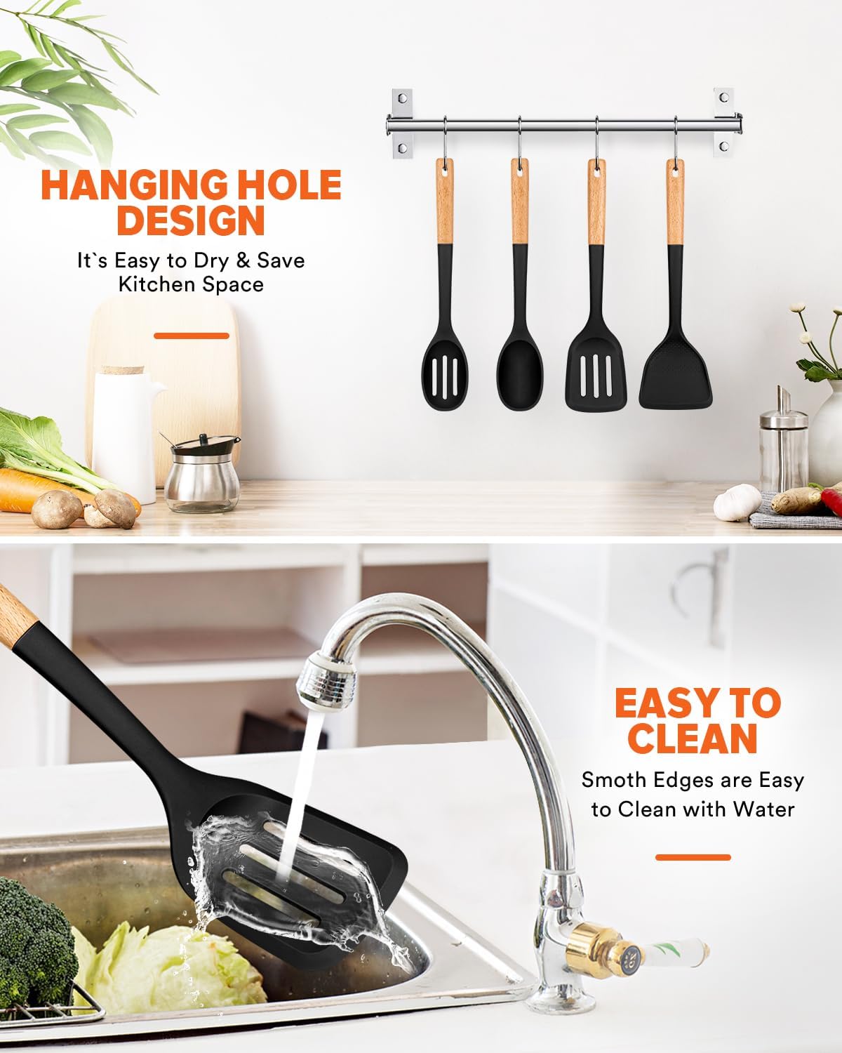 Silicone Cooking Utensils Set, Perfectly Angled for Frying, Mixing,Serving,Draining,Turning and