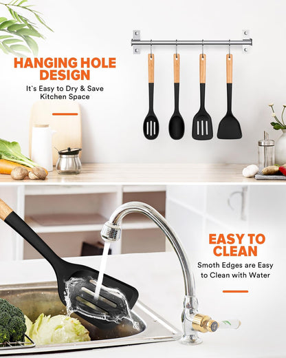 Silicone Cooking Utensils Set, Perfectly Angled for Frying, Mixing,Serving,Draining,Turning and