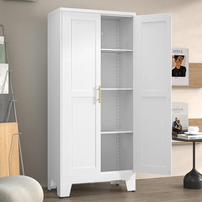 Metal Pantry Cabinet with 2 Doors and Adjustable Shelves - 61" Kitchen Storage Cabinet with Gold