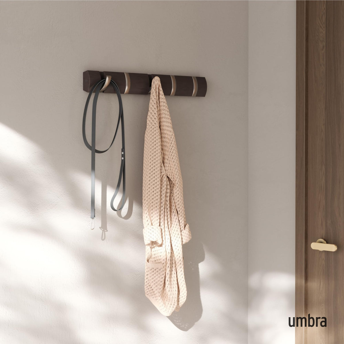 Umbra Flip Coat Rack, Wall Mounted 5-Hook Space Saving, Driftwood/Nickel