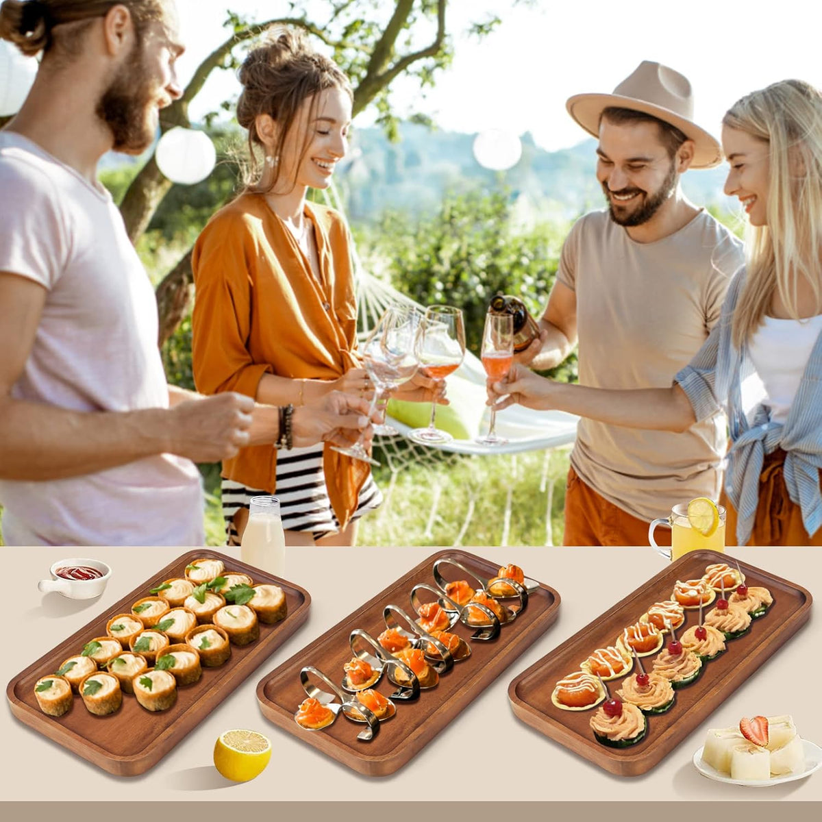 16"x 8" Large Wooden Serving Trays Decor Long Charcuterie Cheese Boards Acacia Wood Kitchen Dinner