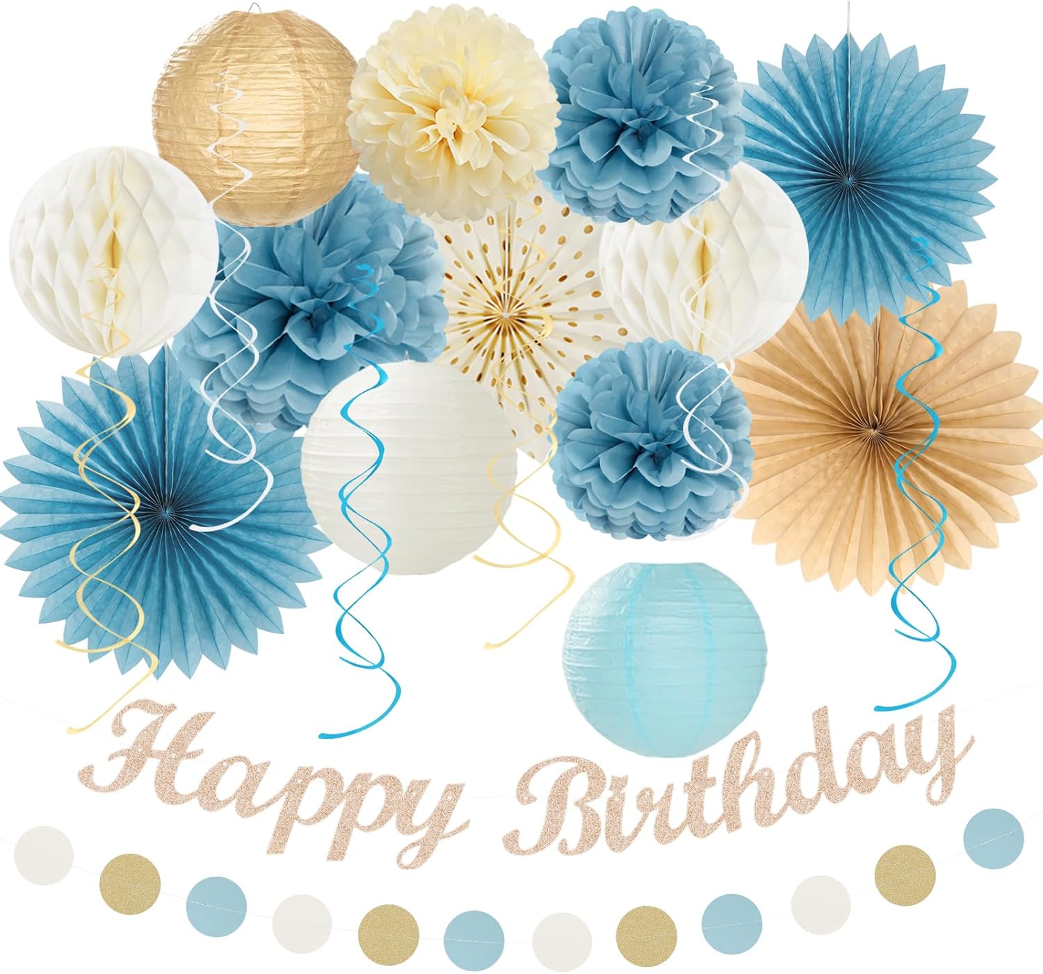 Light-Dusty Blue Beige-Champagne Women Birthday-Decorations - 21pcs Boho Neutral Happy Banner