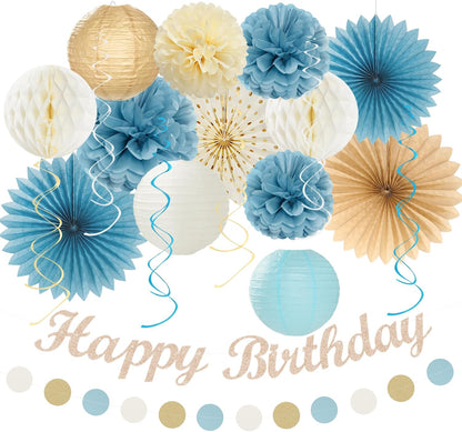 Light-Dusty Blue Beige-Champagne Women Birthday-Decorations - 21pcs Boho Neutral Happy Banner