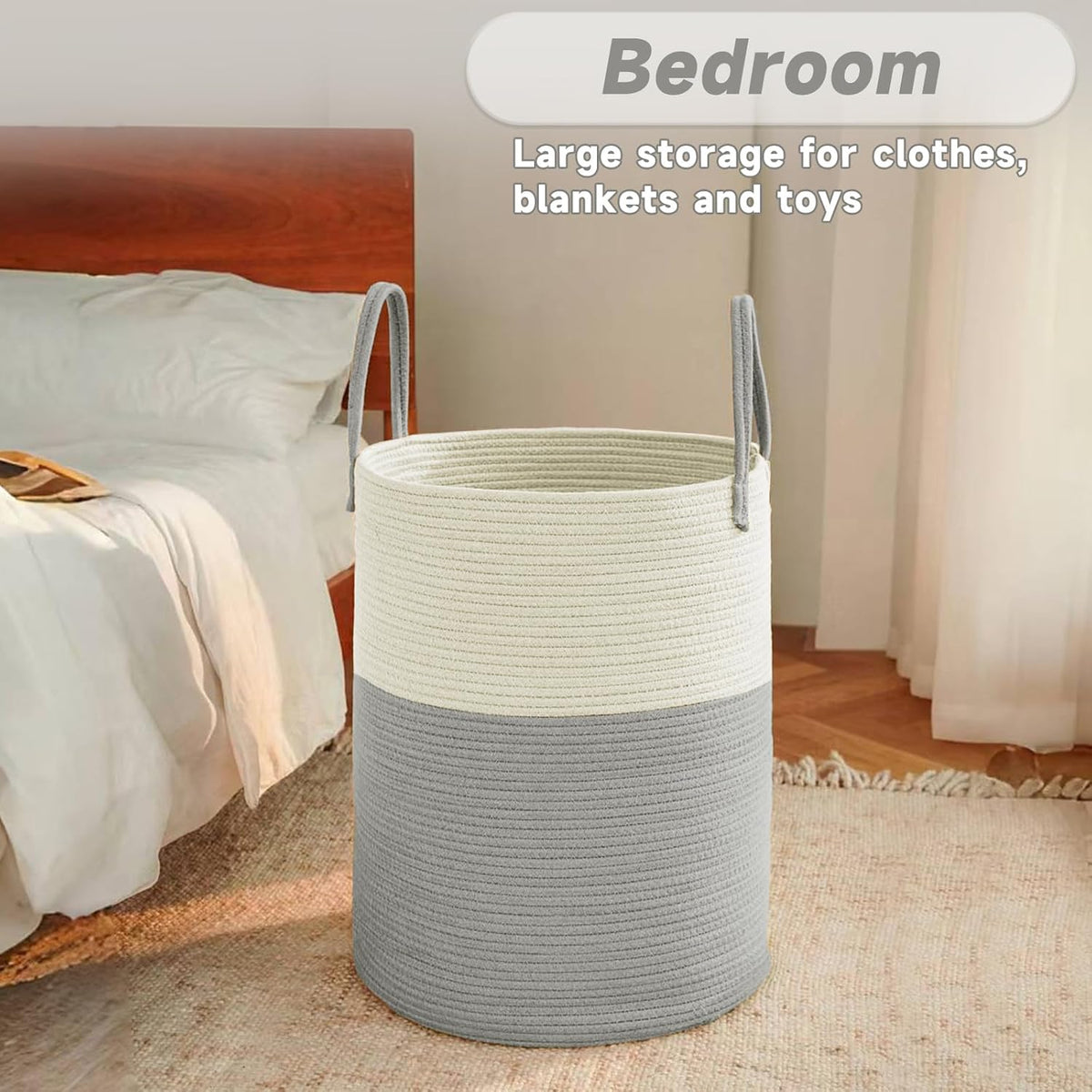 Large Woven Laundry Basket Hamper,60L Cotton Rope Storage Bin for Blankets,Toys and