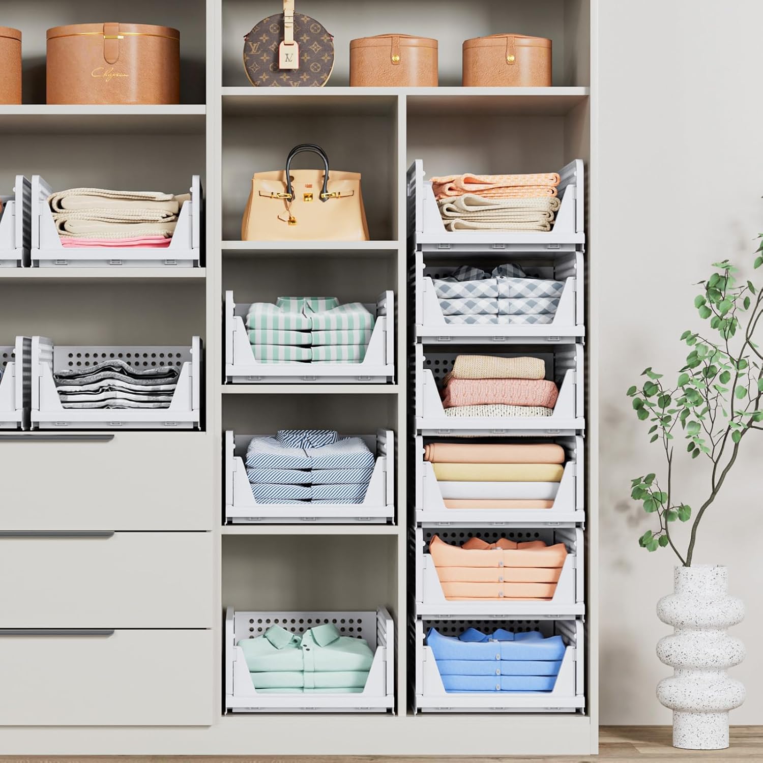 5 Pack Stackable Closet Storage Basket - Stackable Storage Bins, Multifunctional & Foldable Closet