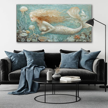 LASMOND Ocean Mermaid Wall Art for Girls Room Modern Canvas Prints Marine Organism Underwater World