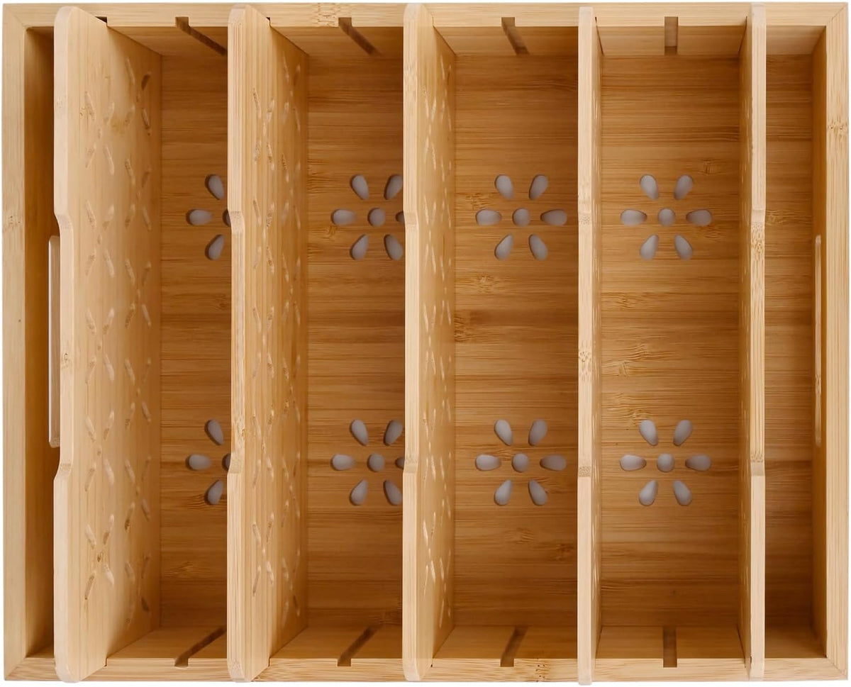 Natural Bamboo Storage Tray with 5 Custom Dividers, Deep Drawer Organizer for Kitchen, Small