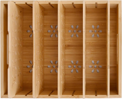Natural Bamboo Storage Tray with 5 Custom Dividers, Deep Drawer Organizer for Kitchen, Small