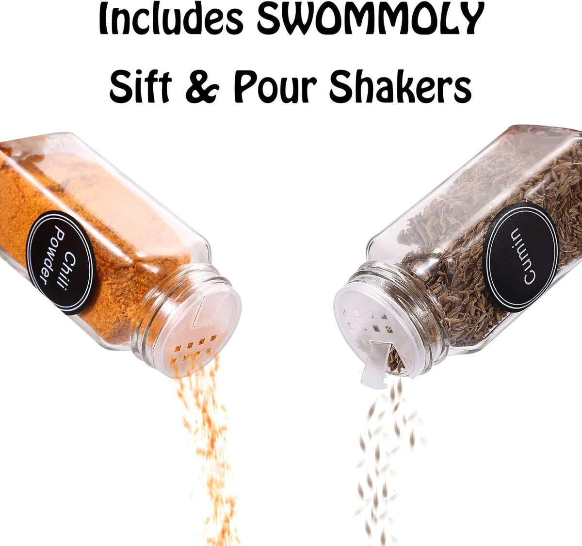 SWOMMOLY Spice Rack Organizer with 36 Empty Square Spice Jars, 396 Spice Labels with Chalk Marker