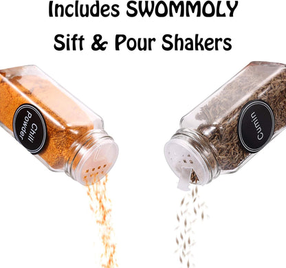 SWOMMOLY Spice Rack Organizer with 36 Empty Square Spice Jars, 396 Spice Labels with Chalk Marker